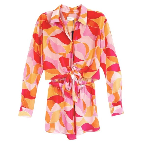 Lovers + Friends Feelin Groovy Fuchsia Geo Sheer Romper Cover up XS Vacation - Picture 4 of 9